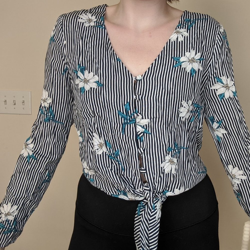 Striped Floral Tie Front Top